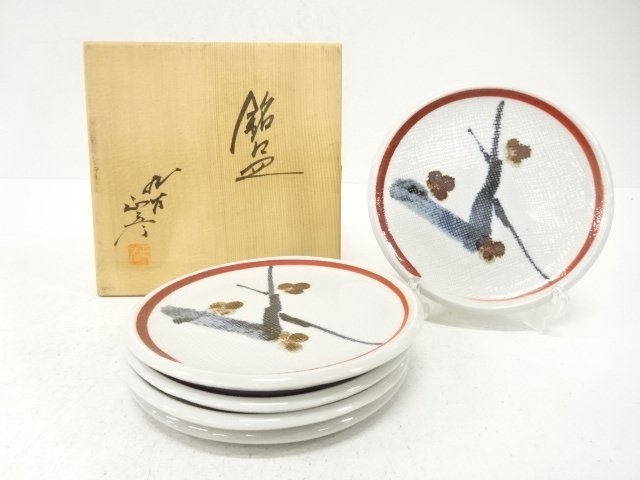 JAPANESE COLLECTIBLE / KUTANIYAKI PORCELAIN / SET OF 5 PLATES / FLOWER